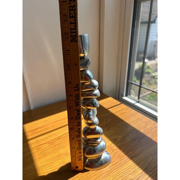 Metal silver stacked stone sculpture candle stick holder river rocks natural - Picture 4 of 5